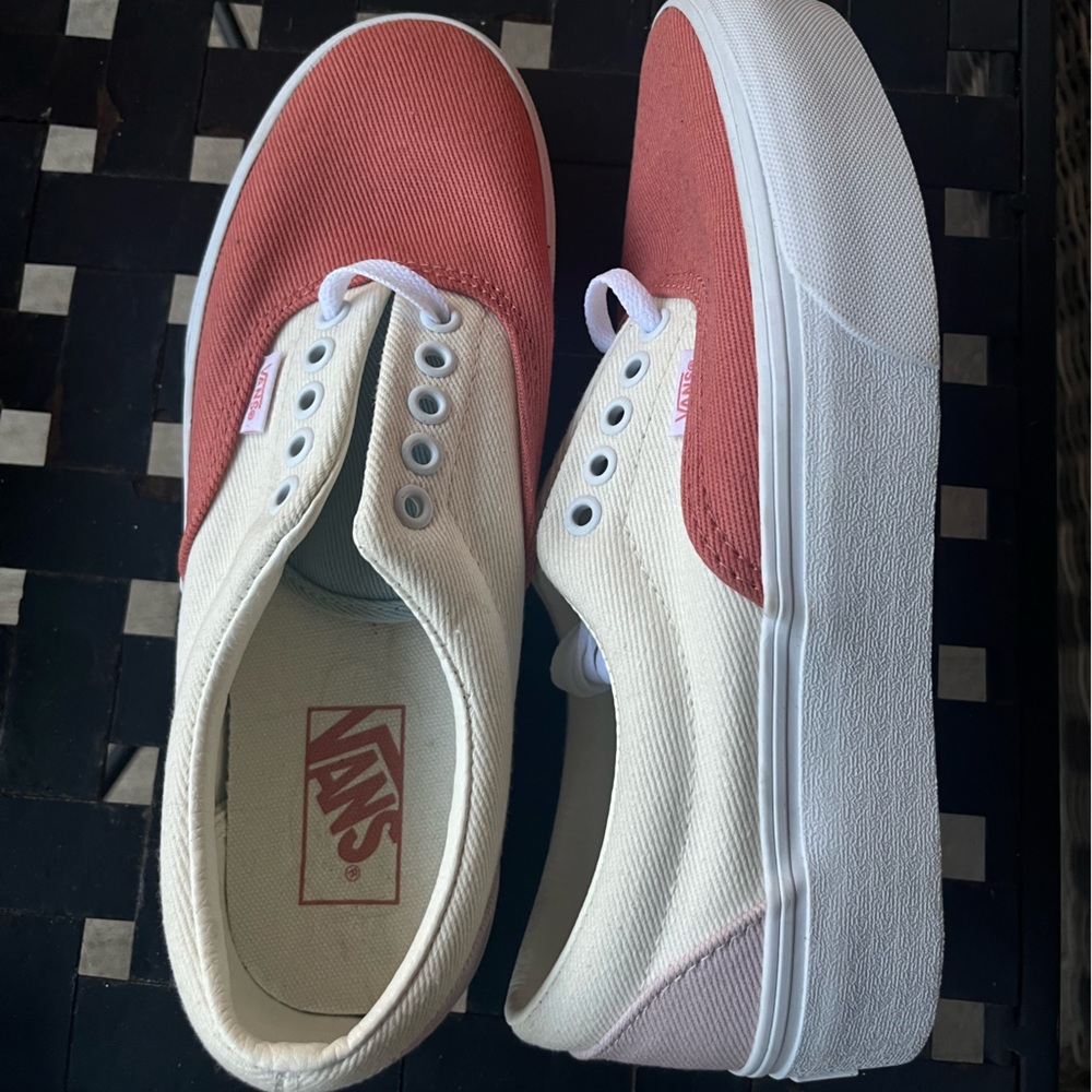 Vans, Womens size 8.5, mens 7. Cream colored with light and dark pink patches